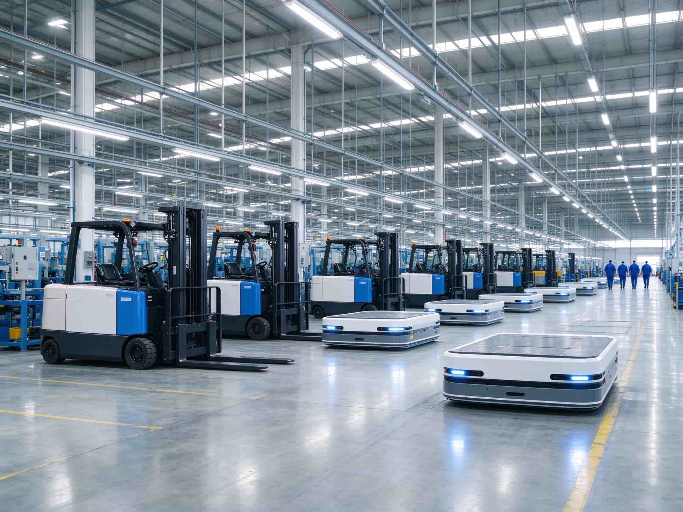 Wide view of Zhenyu Robotics factory floor with electric forklifts and AGV robots