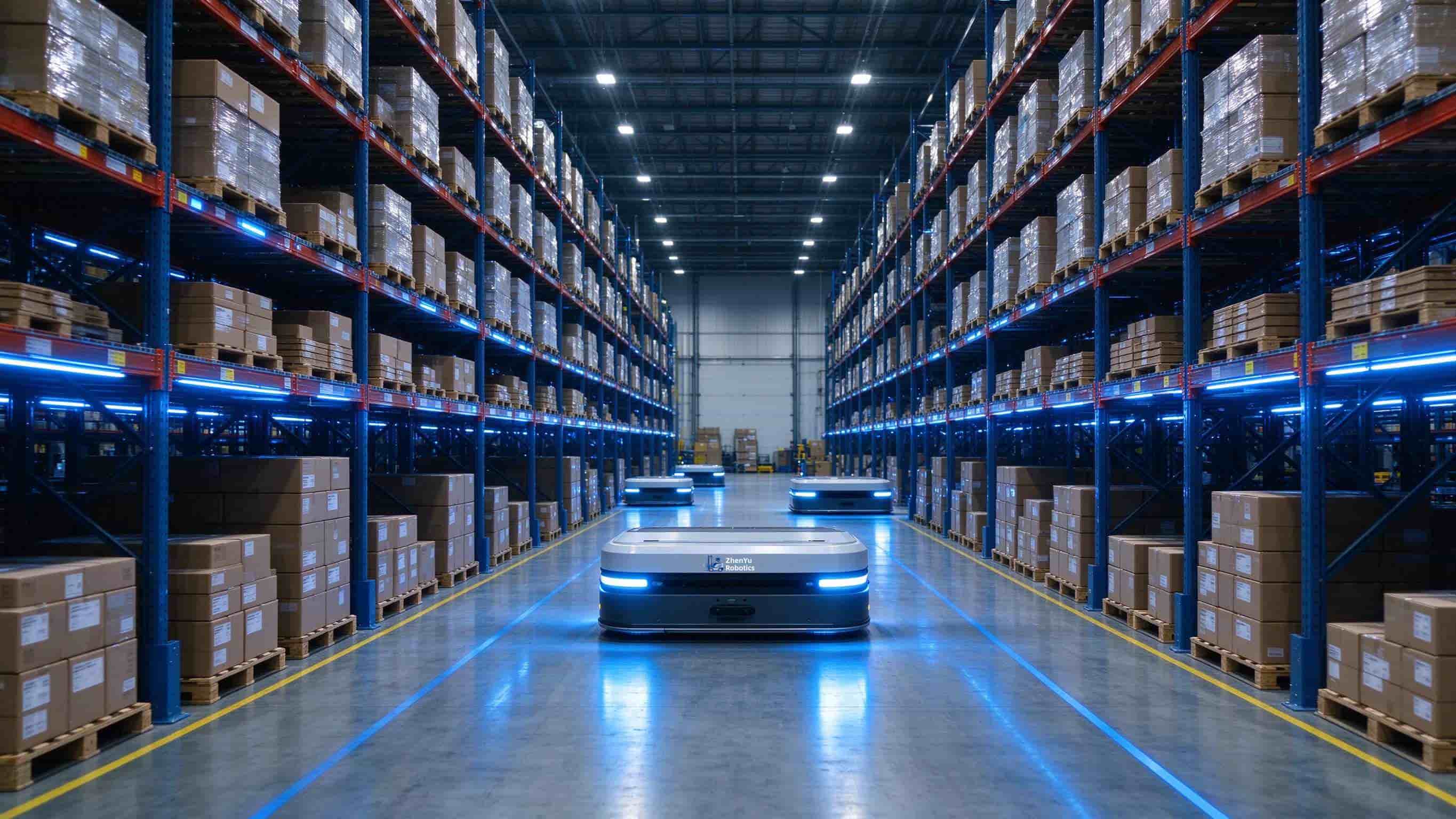Smart warehouse with AGV robots and automated storage systems