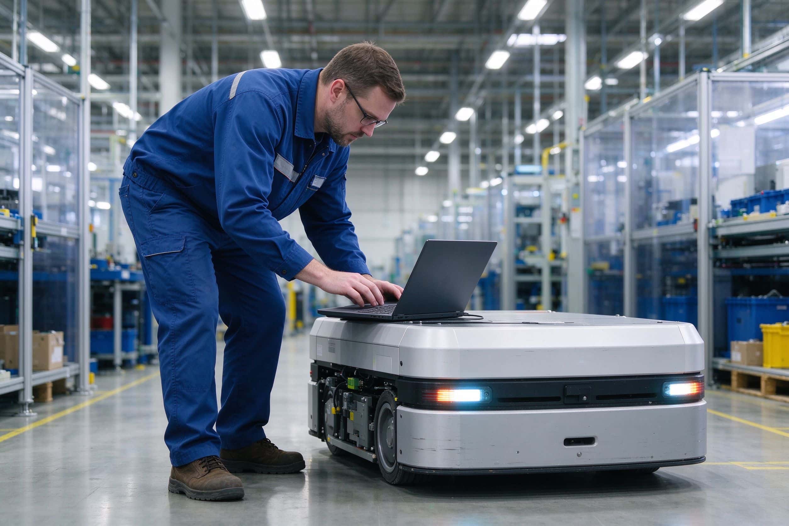 Technician Maintaining AGV Robot - After-sales Technical Support