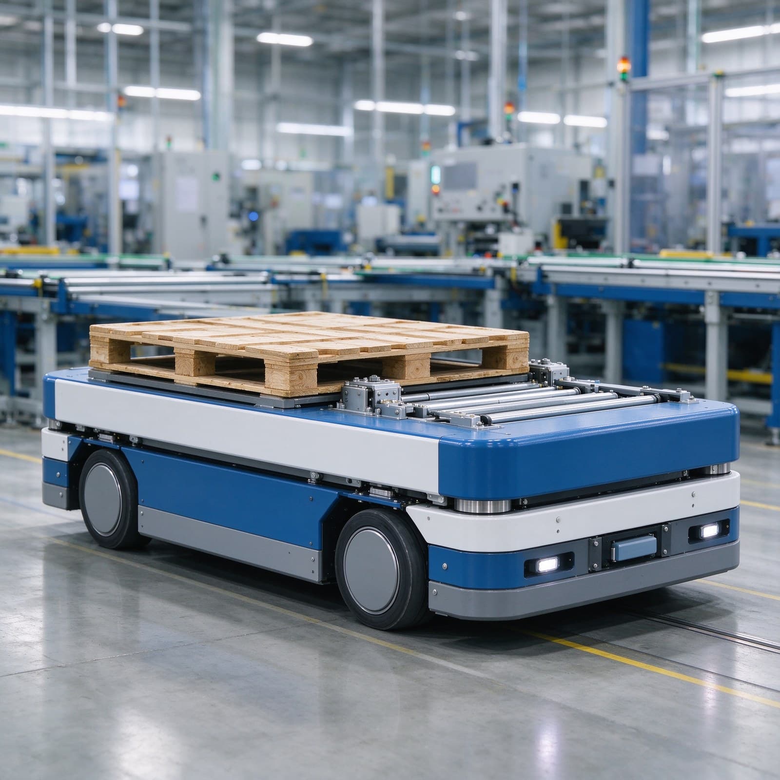 Zhenyu Robotics unmanned material handling robot with Powered conveyor chain docking… and Laser, QR Code, Magnetic Strip…